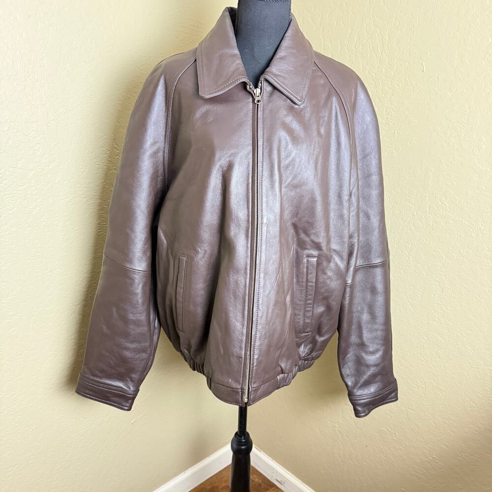 Colebrook Men's XL Brown 100% Leather Full Zip Bomber Jacket Quilted Lined